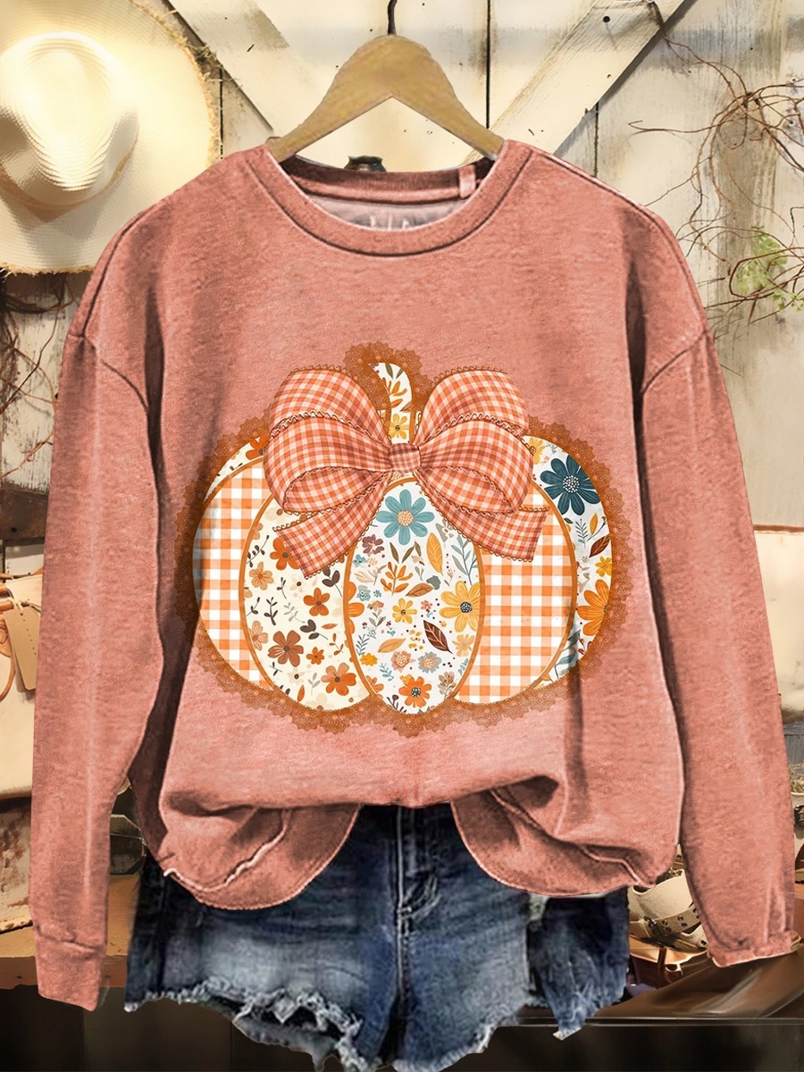 Women's Retro Boho Pumpkin Bow Print Casual Crew Neck Sweatshirt