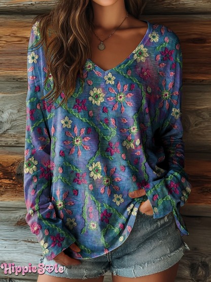 Womens Bohemian Ethnic Floral Art Print Casual Cotton Linen Shirt