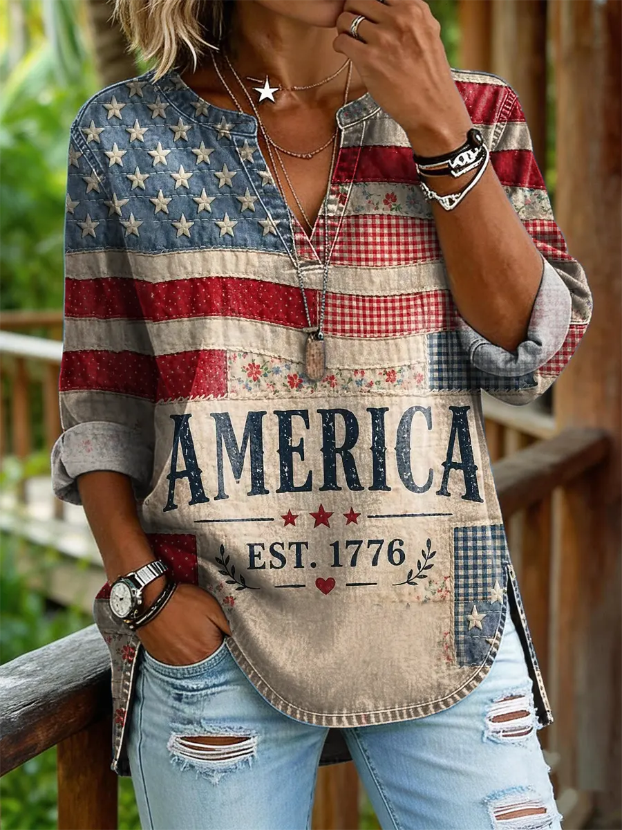 Women's American Flag Slogan Patchwork Distressed Print V-Neck Long Sleeve Top