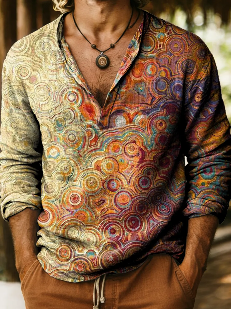 Vintage Texture Colorful Geometry Art Print Cotton And Linen Casual Shirt