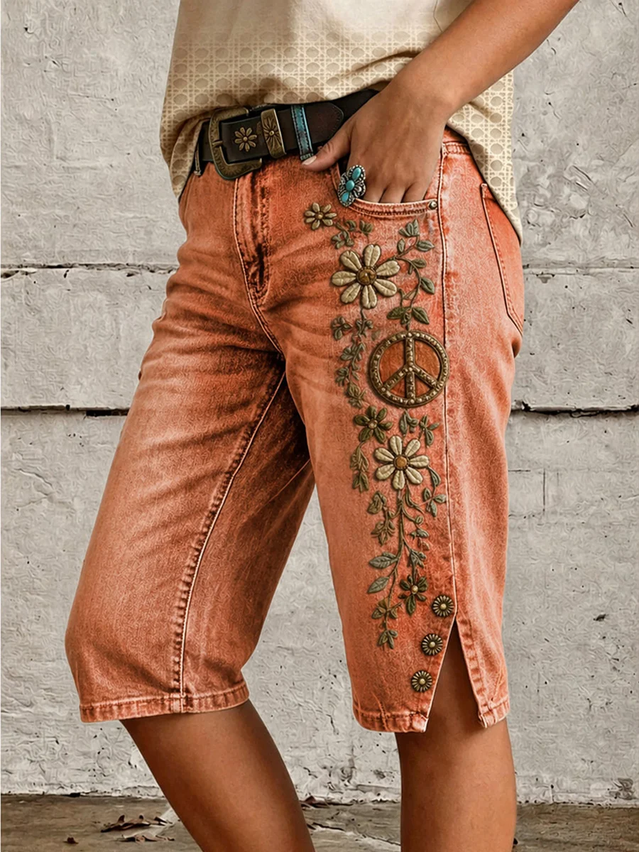 Women's Boho Floral Peace Sign Print Mid-Length Split Hem Denim Bermuda Shorts