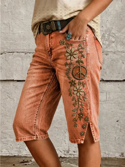 Women's Boho Floral Peace Sign Print Mid-Length Split Hem Denim Bermuda Shorts