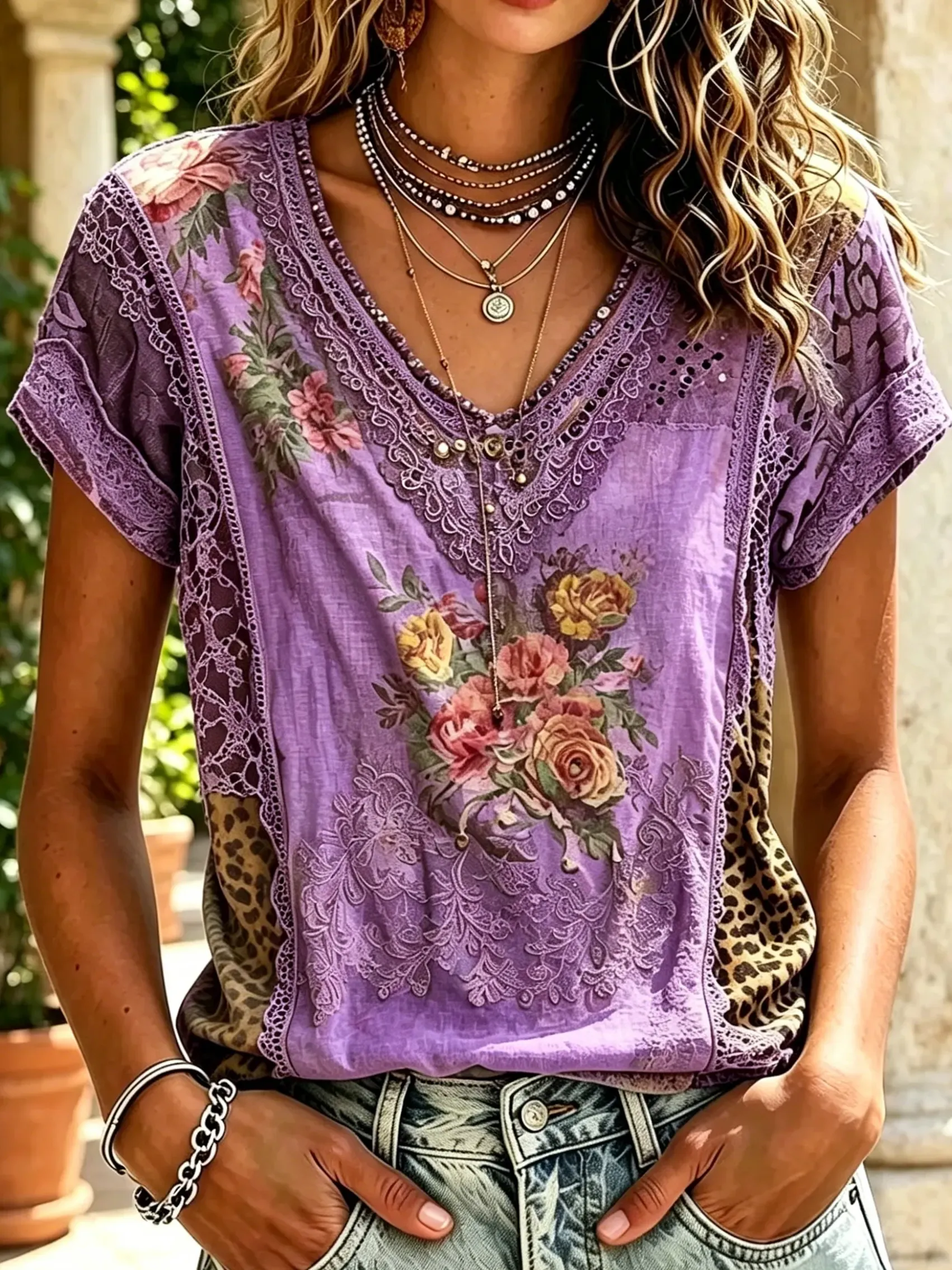 Women's Vintage Rose & Leopard Print Cotton Short Sleeve Shirt