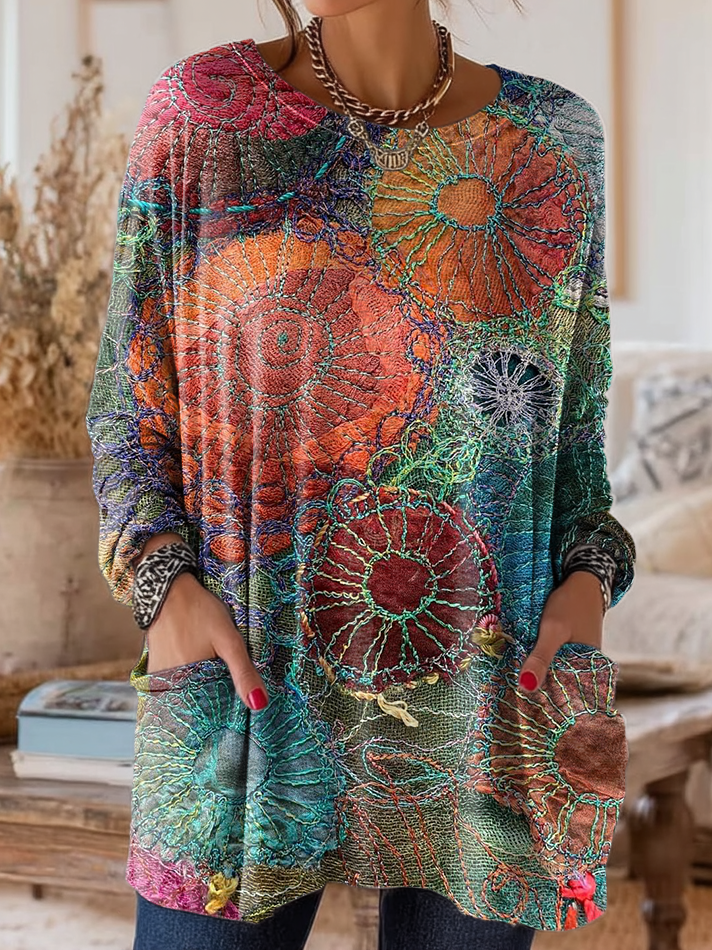 Women's Art Print Casual Long-Sleeve Crew Neck Cotton T-Shirt