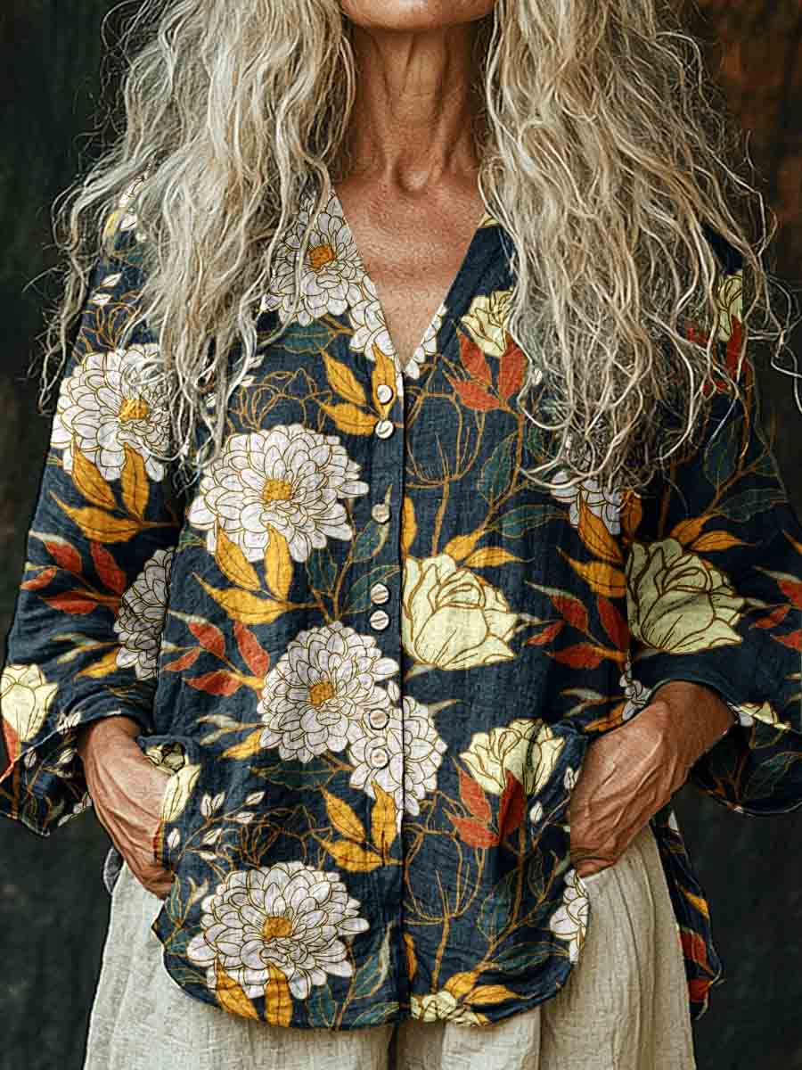 Women's Retro Floral Pattern Long Sleeve Comfortable Cotton And Linen Shirt