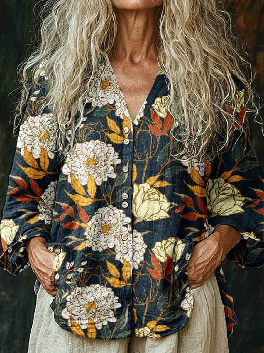 Women's Retro Floral Pattern Long Sleeve Comfortable Cotton And Linen 