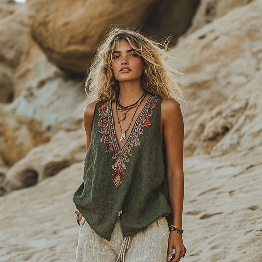 Women's Retro Bohemia Ethnic Style Linen V-neek Sleeveless Top