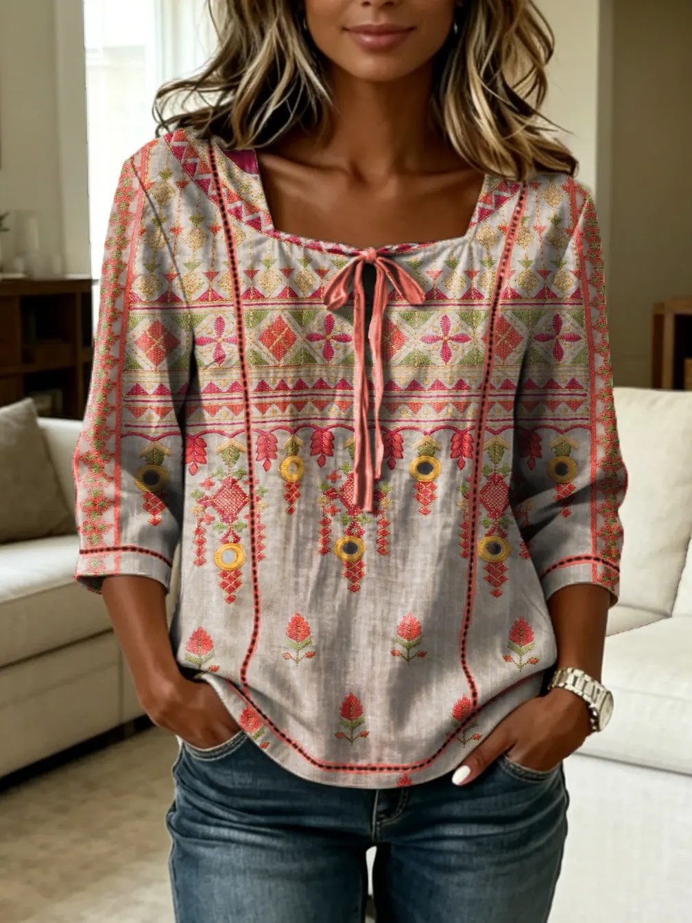 Women's Retro Floral Print Tie-front Square-neck Short-sleeve Top
