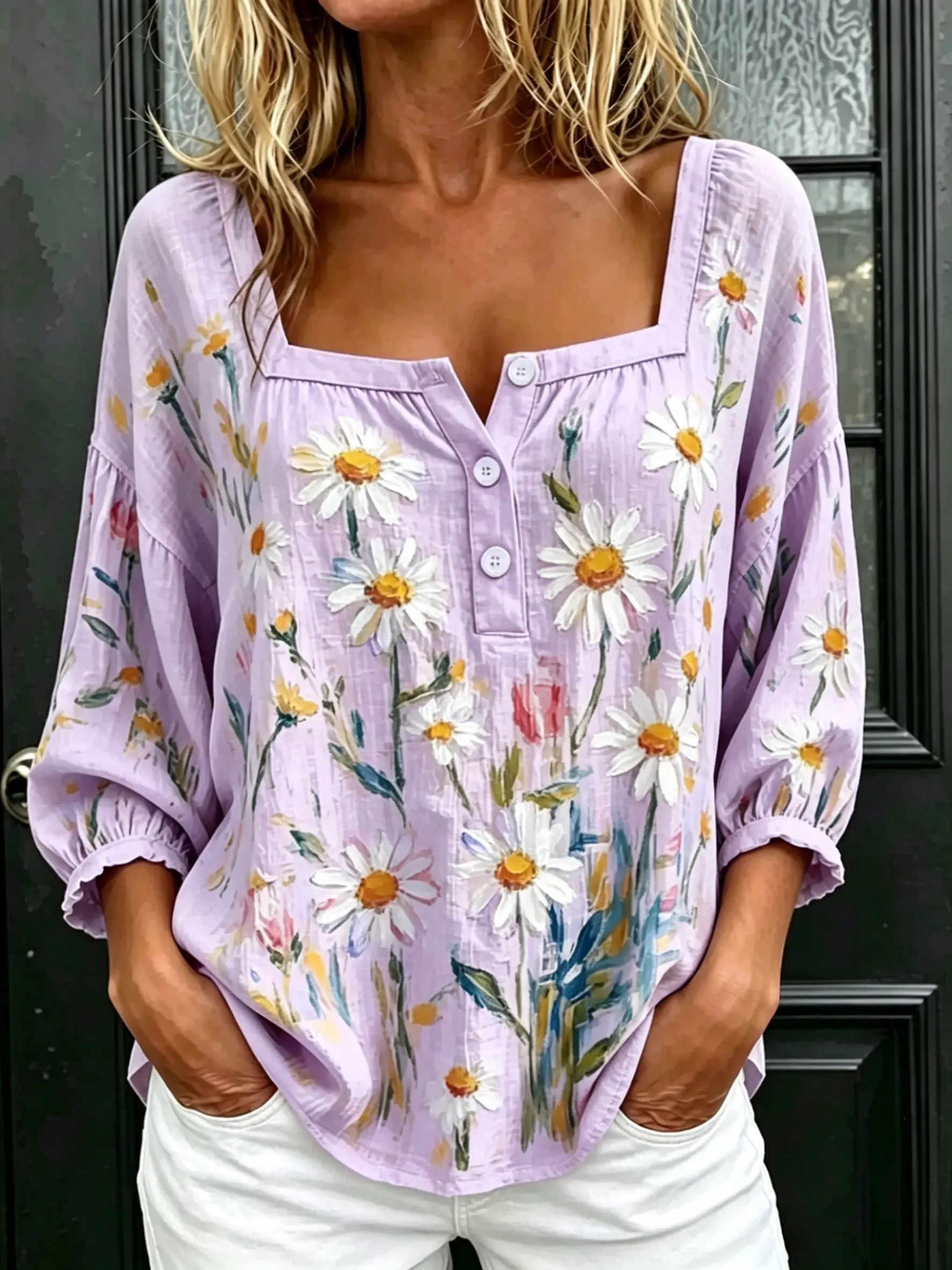 Women's Watercolor Daisy Floral Print Puff 3/4 Sleeve Blouse