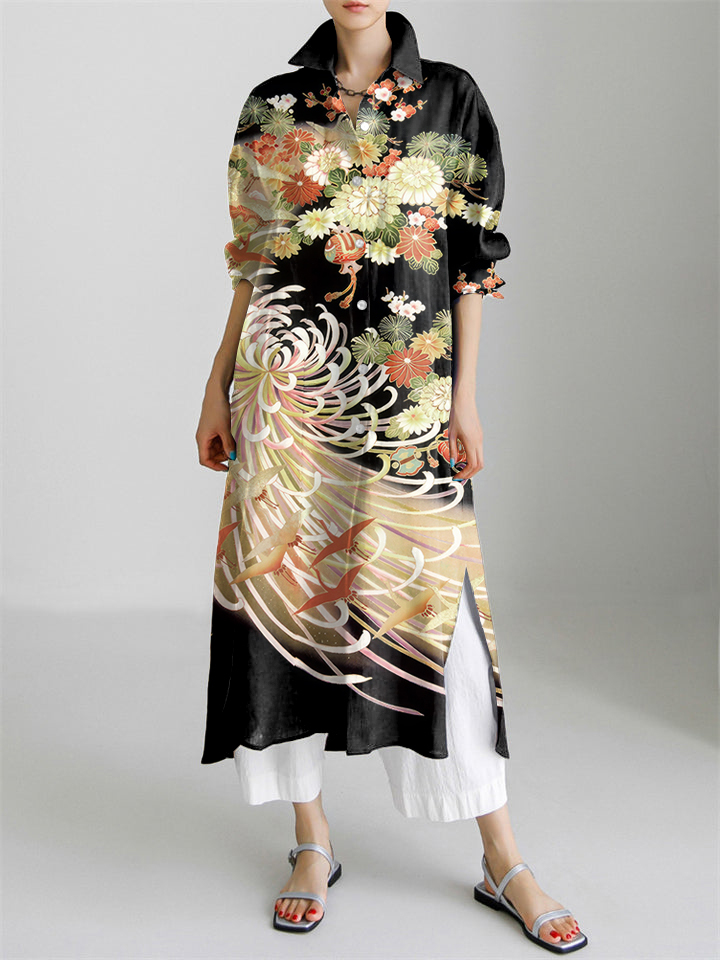 Chrysanthemum Japanese Floral Contrast Long Sleeve Slit Shirt Dress