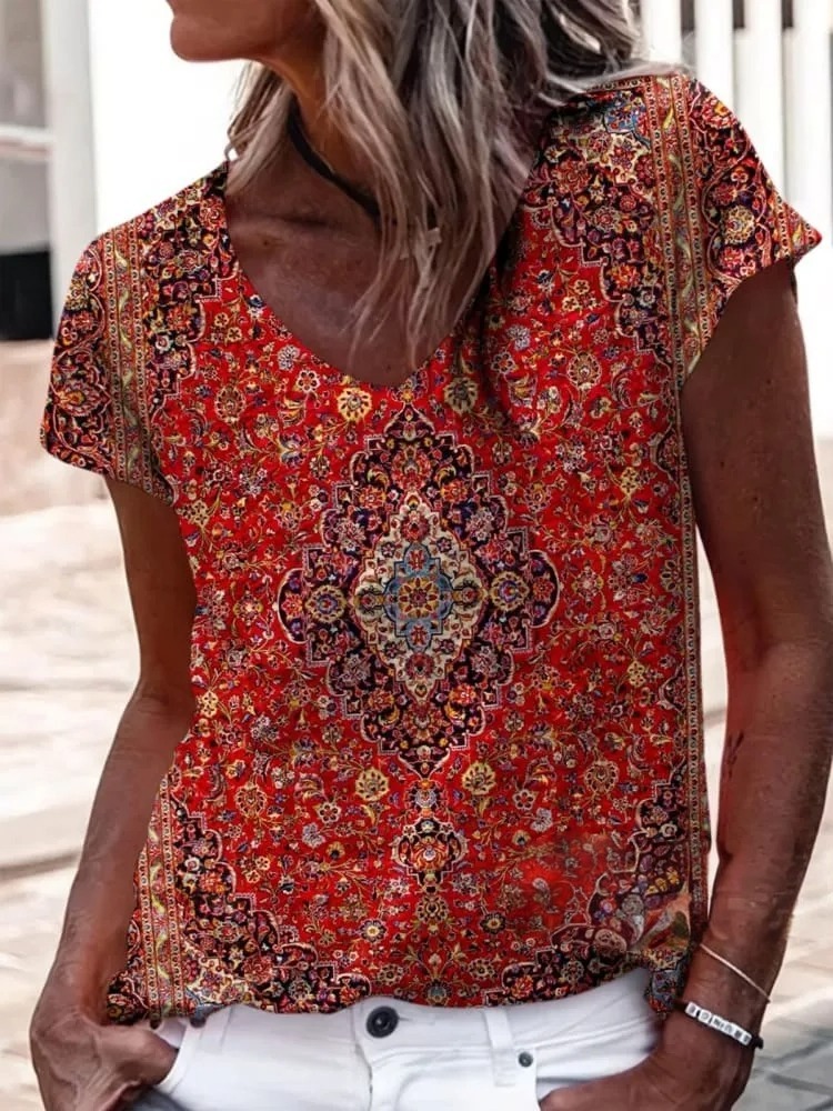 Women's Vintage Art Print V-neck Casual T-Shirt