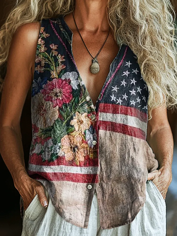 Women's Independence Day Floral Print Casual Sleeveless Shirt