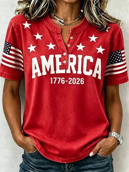 Women's 1776 Independence Day Flag Print Casual T-shirt