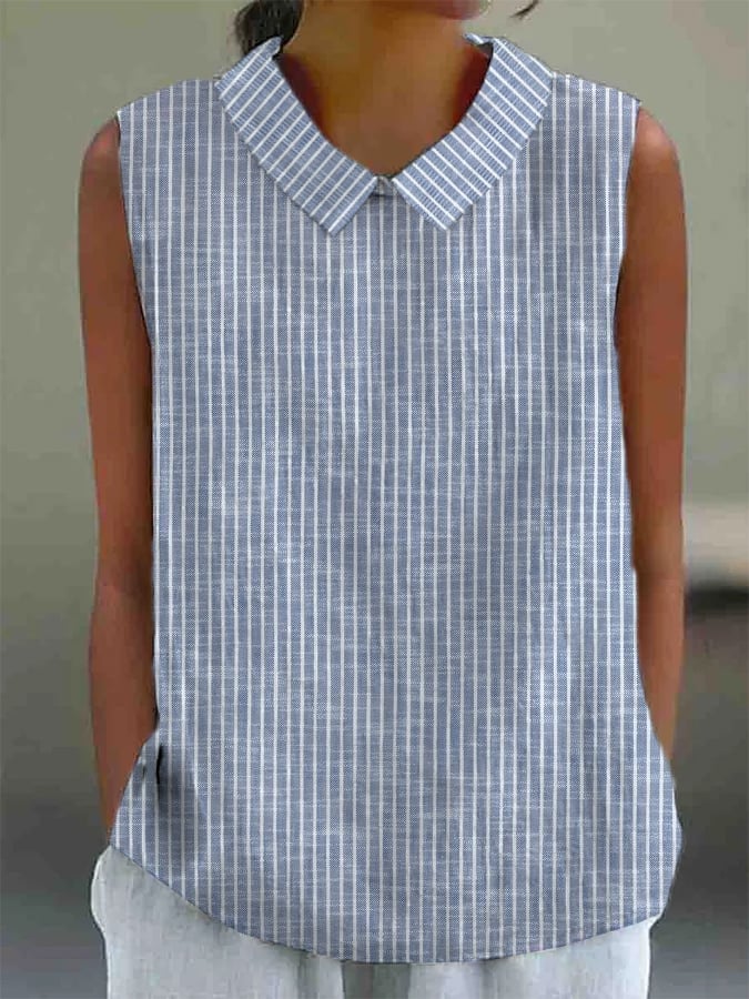 Ladies Retro Striped Design Lapel Sleeveless Shirt