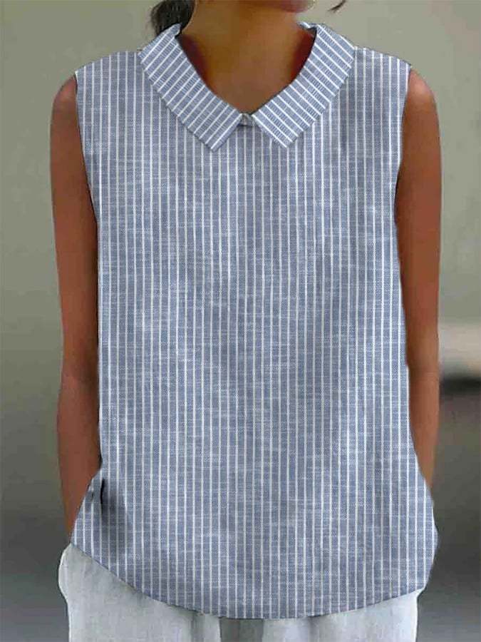 Ladies Retro Striped Design Lapel Sleeveless Shirt