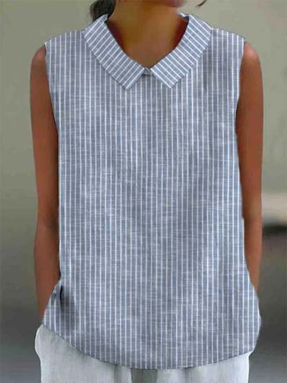 Ladies Retro Striped Design Lapel Sleeveless Shirt