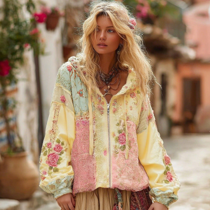 Women's Floral Embroidery Color Block Boho Casual Zip-up Hoodie