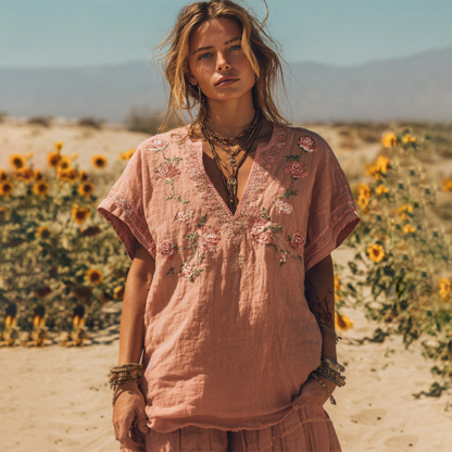 Women's Vintage Pink Floral Art Embroidery Linen T-shirt