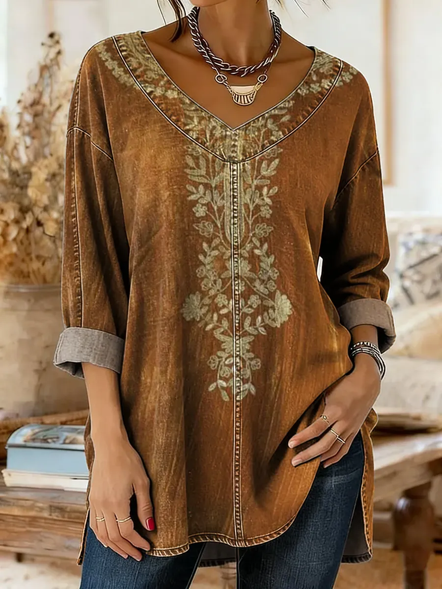 Ethnicity Flowers Totem Women's Art Print Casual Washed Denim Cotton Top