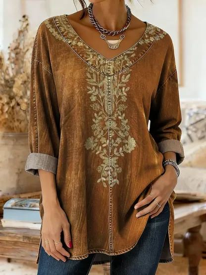 Ethnicity Flowers Totem Women's Art Print Casual Washed Denim Cotton Top