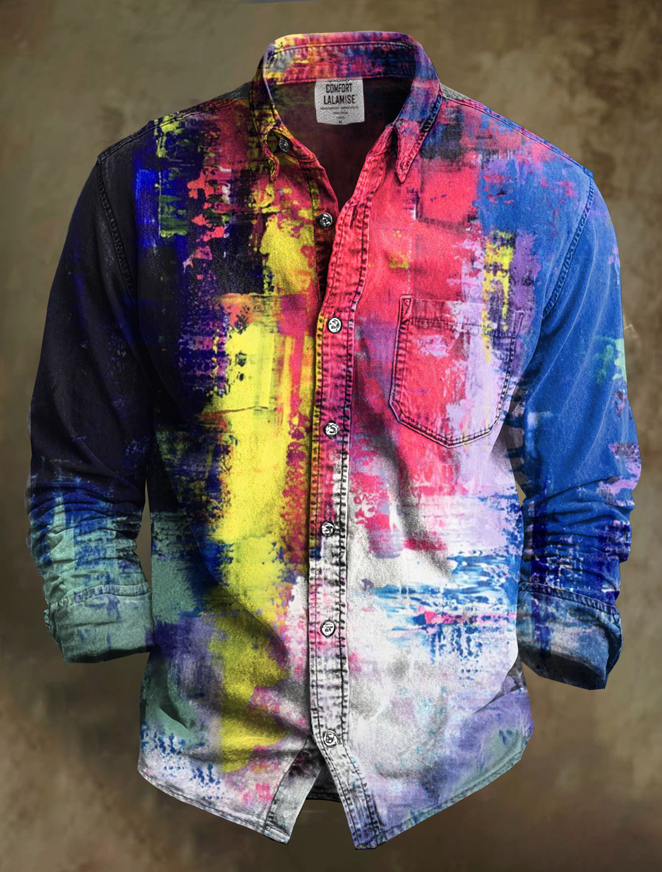 Color Block Abstrct Art Print 100% Cotton Long Sleeve Shirt