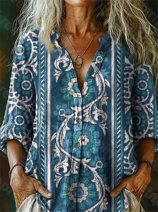 Women's Vintage Ethnic Blue Floral Art Print Casual Cotton-Linen Blend Shirt