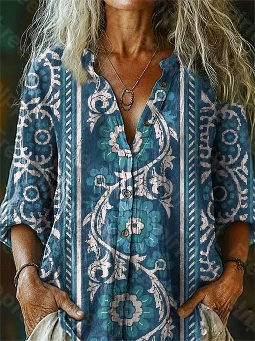 Women's Vintage Ethnic Blue Floral Art Print Casual Cotton-Linen Blend