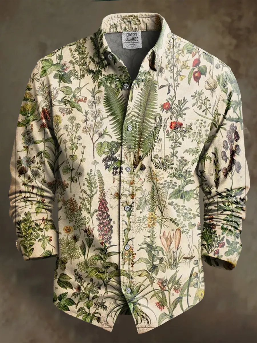Retro Leisure Multicolor Flowers Art Print 100% Cotton Long Sleeve Shirt