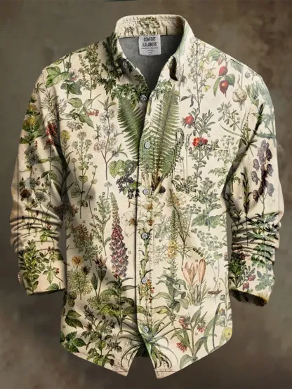 Retro Leisure Multicolor Flowers Art Print 100% Cotton Long Sleeve Shirt