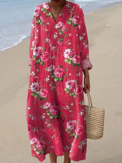 Women's Vintage Floral Art Print Casual Cotton And Linen 3/4 Sleeve Shirt