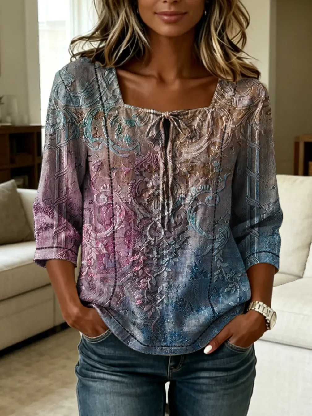 Women's Retro Floral Print Tie-front Square-neck Short-sleeve Top