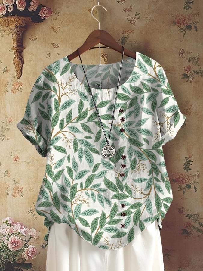 Women's Casual Retro Forest Plant Print Cotton And Linen Top