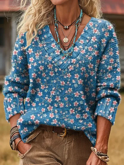 Unisex Vintage Floral Art Print Casual Long-sleeved V-neck Wool Blend Knitted Sweater