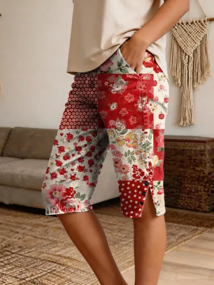 Women's Retro Patchwork Floral Art Print Casual Denim Shorts