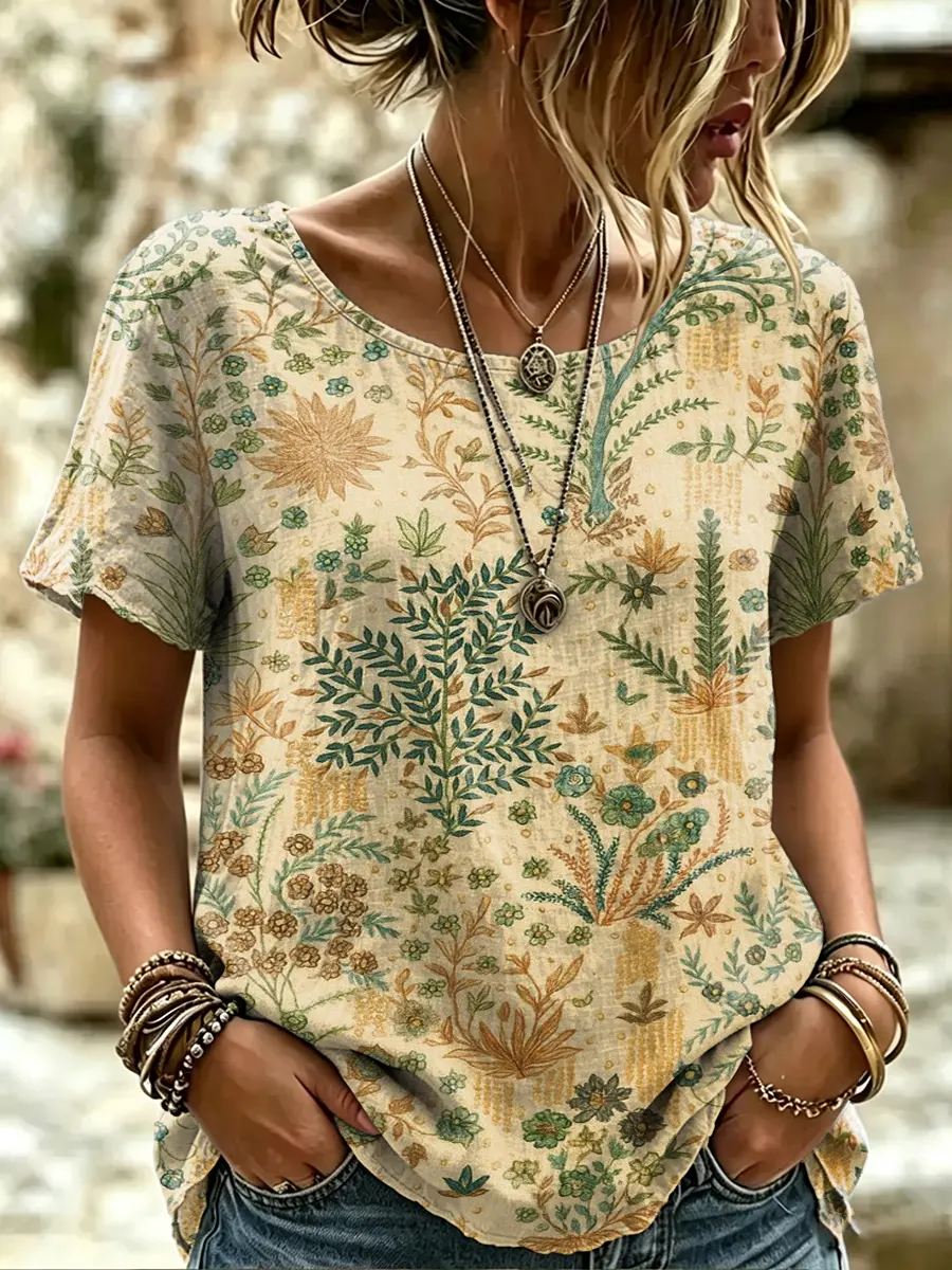 Women's Vintage Botanical Leaf Print Casual T-Shirt