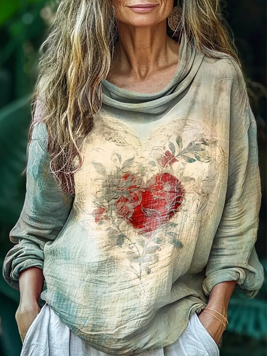 Women's Vintage Heart-patterned Art Print Puff Collar Cotton-linen Blend Top
