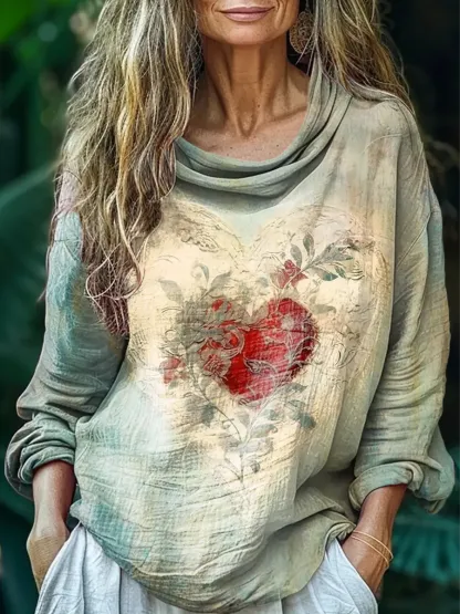 Women's Vintage Heart-patterned Art Print Puff Collar Cotton-linen Blend Top