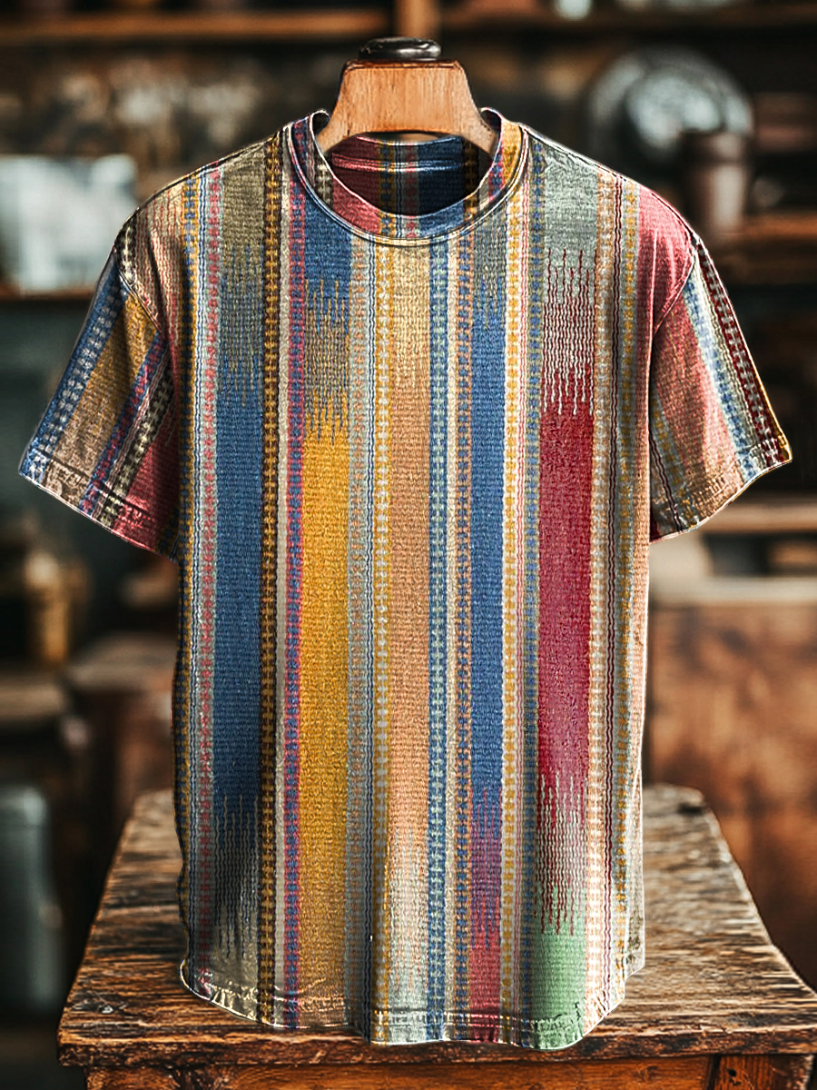 Unisex Retro Abstract Stripe Print Casual Loose Short Sleeve T-Shirt