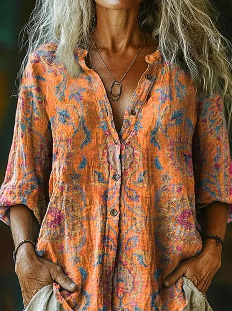 Women's Retro Ethnic Totem Printed Flowy Cotton Crew Neck Dress