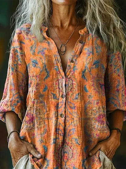 Women's Retro Ethnic Totem Printed Flowy Cotton Crew Neck Dress