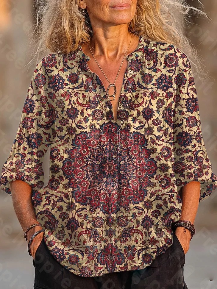 Women's Vintage Ethnic Yellow Floral Art Print Casual Cotton-Linen Blend Shirt