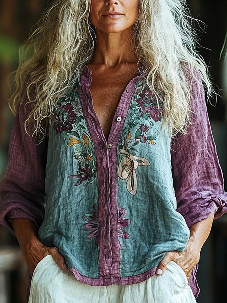 Bohemian Style Linen Floral Art Print  Long Sleeve Shirt