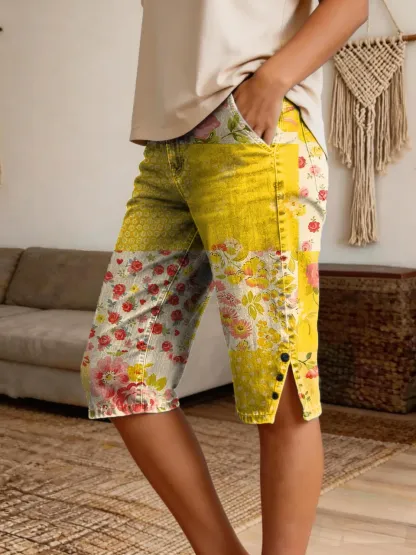 Women's Retro Patchwork Floral Art Print Casual Denim Shorts