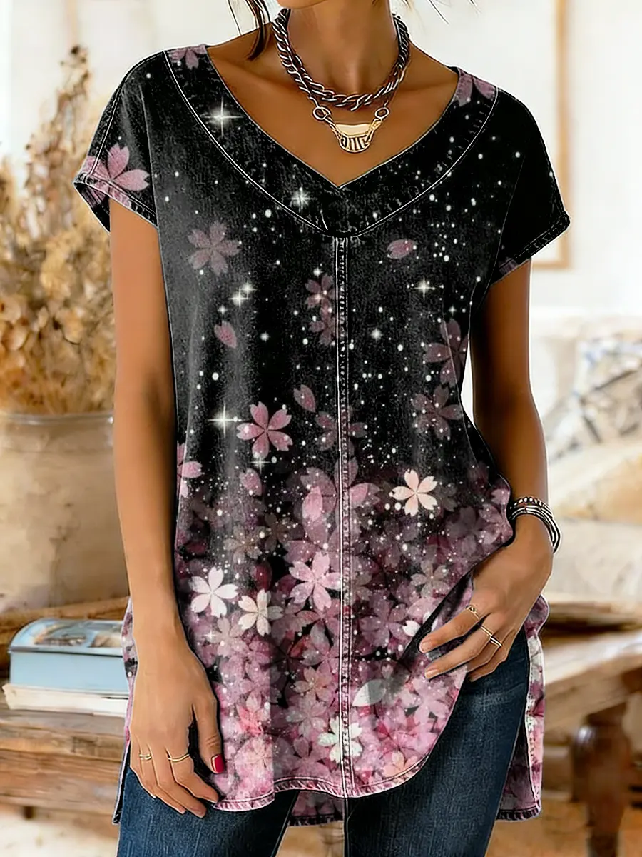 Women's Vintage Floral Art Print V-neck Denim Short-sleeve Top