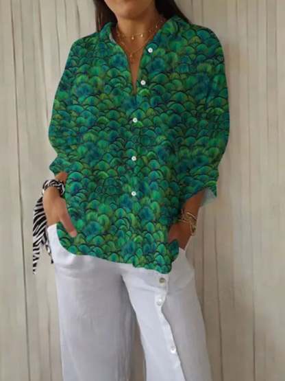 Women's Peacock Feather Art Cotton And Linen Shirt