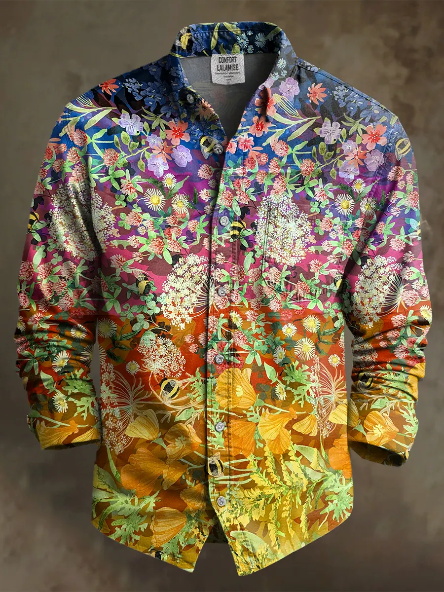 Retro Leisure Multicolor Flowers Art Print 100% Cotton Long Sleeve Shirt