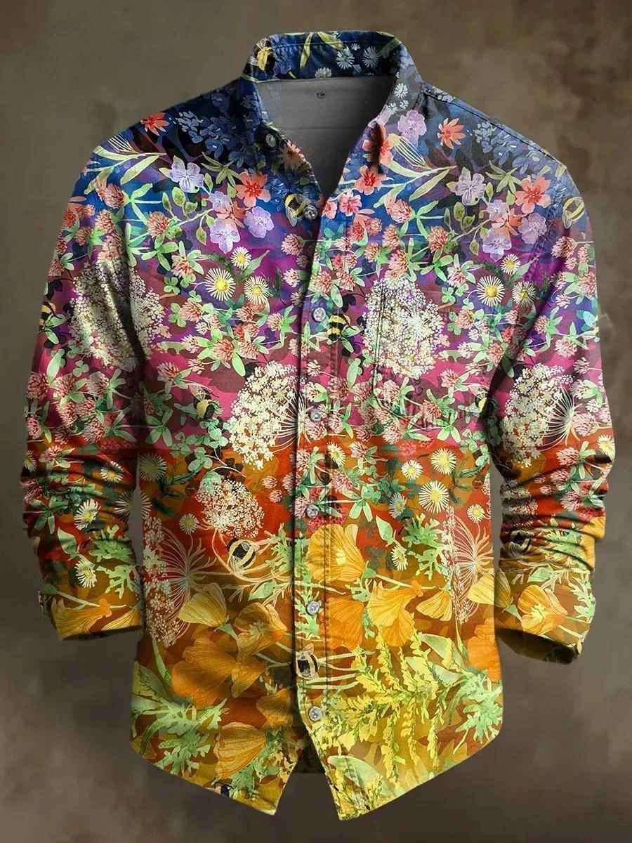 Retro Leisure Multicolor Flowers Art Print 100% Cotton Long Sleeve Shi