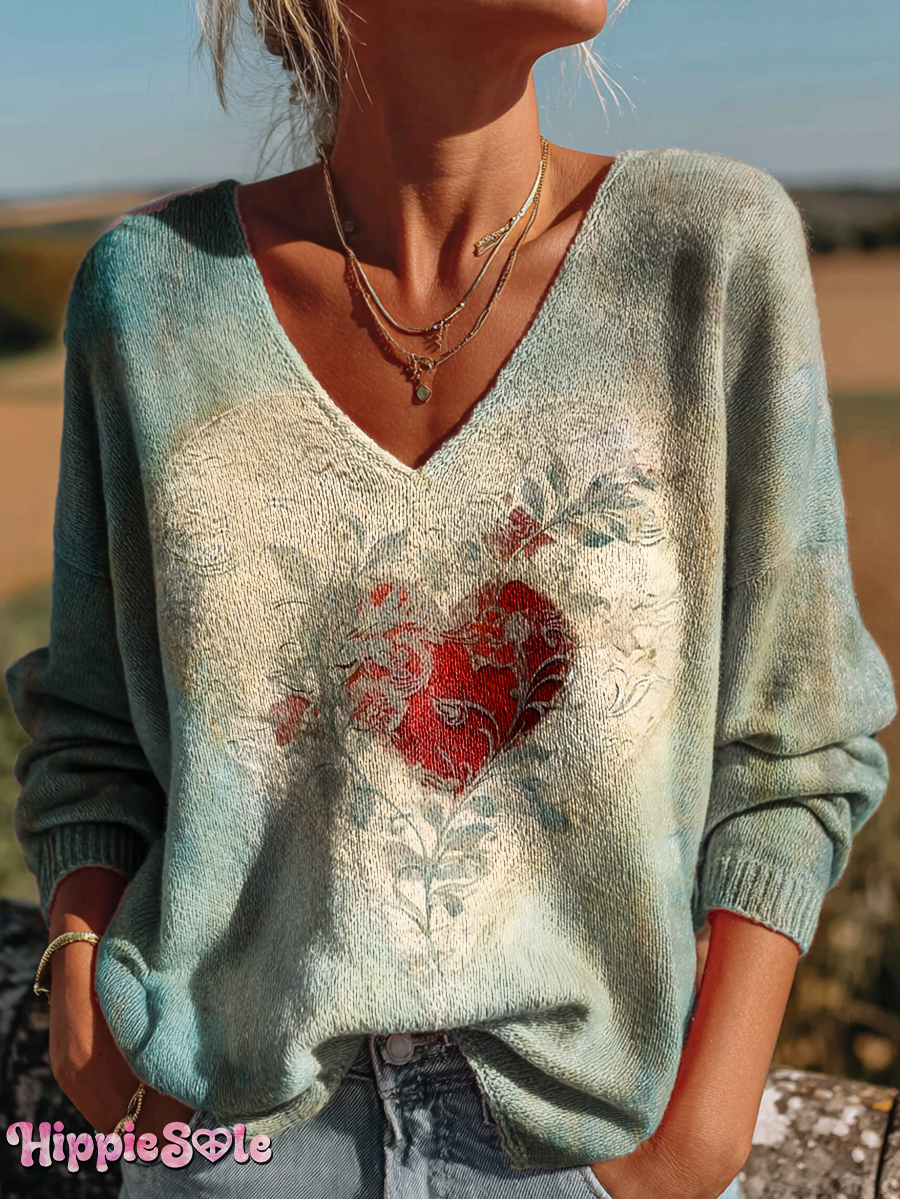Women's Vintage Heart Pattern Art Print Casual Pullover Sweater
