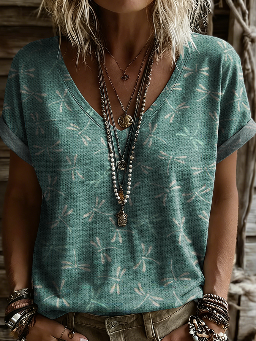 Women's Retro Dragonfly Art Print Casual Short-sleeve V-neck T-shirt