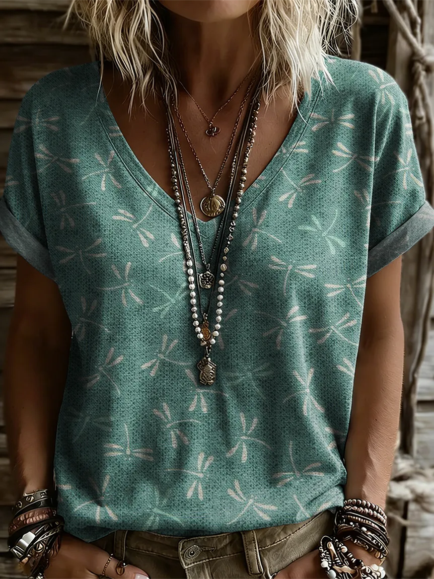 Women's Retro Dragonfly Art Print Casual Short-sleeve V-neck T-shirt